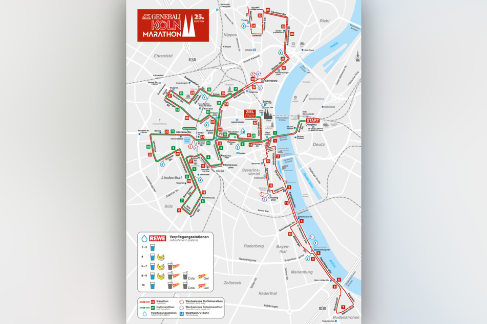 Der Köln Marathon startet in Deutz und endet auf der anderen Rheinseite beim Kölner Dom.