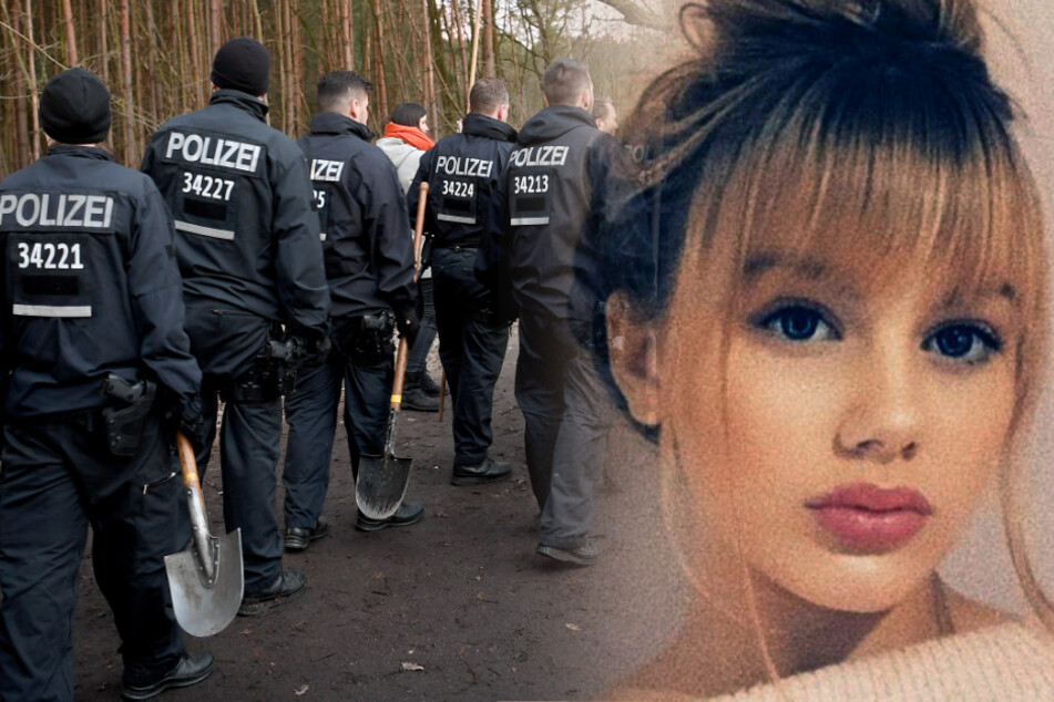 Berliner Polizisten brechen bei Einbruch der Dunkelheit die Suche in einem Waldstück bei Kummersdorf nach der vermissten Rebecca aus Berlin ab.