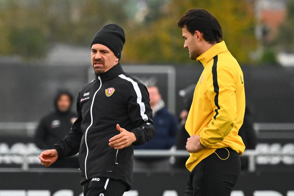 Dynamo-Trainer Thomas Stamm (l.) muss immer noch auf den an der Hand verletzten Tim Schreiber (r.) verzichten.
