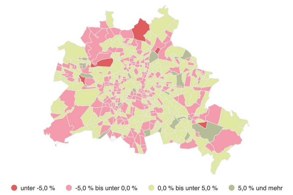 Die Karte zeigt die Veränderung der Einwohner mit Hauptwohnsitz in Berlin im Jahr 2025 im Vergleich zum Vorjahr.