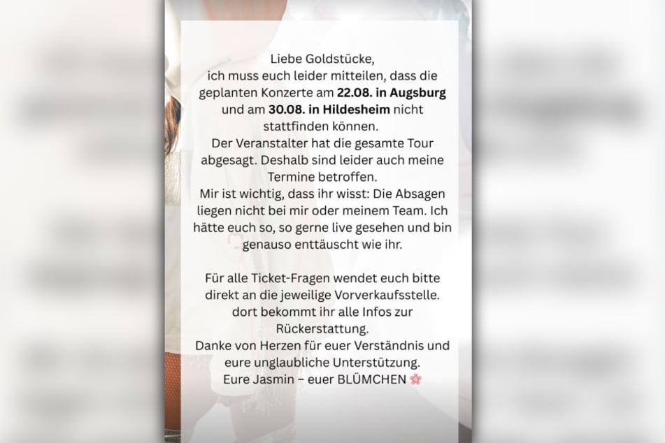 Auf Instagram gab die Sängerin die Absage der beiden Konzerte bekannt.
