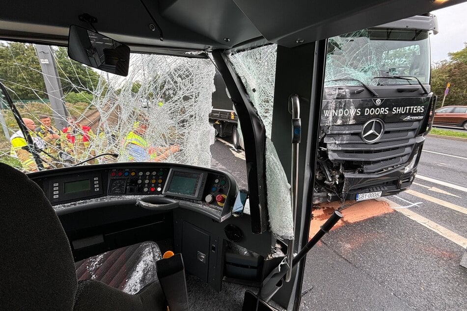 Die Scheiben von Fahrerkabine und Lkw-Führerhaus sind vollständig zerstört.