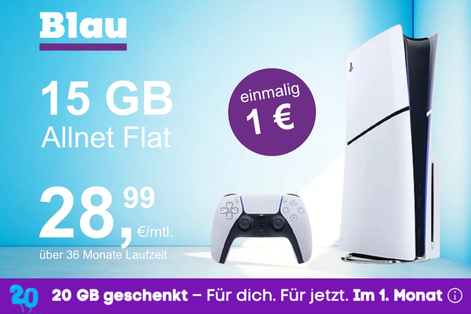 Die PS5 Digital Slim Edition im Blau Allnet M inkl. 15 GB für einmalig nur 1 Euro.