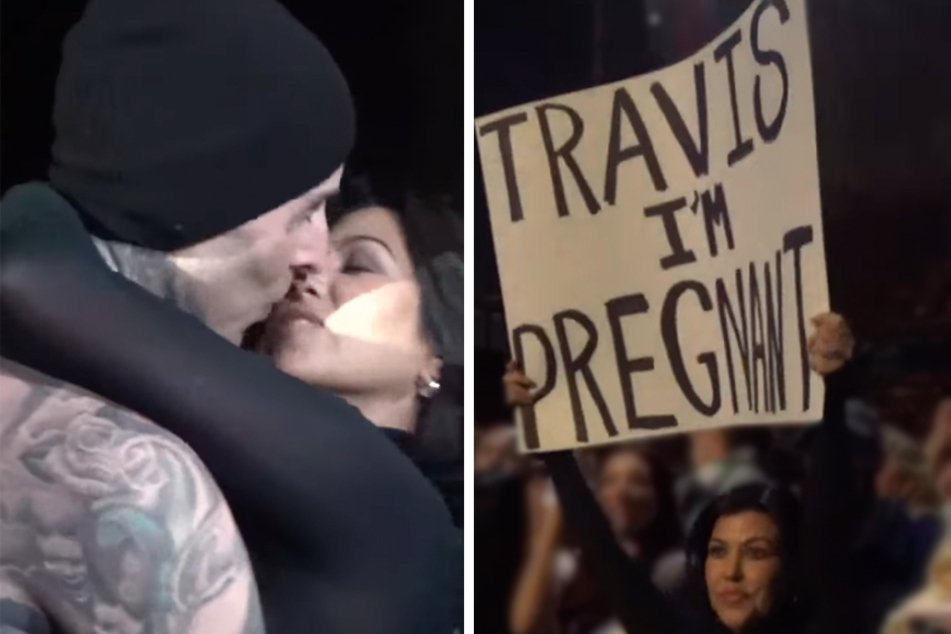 Kourtney Kardashian (r.) filled hubby Travis Barker in on her major baby news in throwback style during a Blink-182 show.