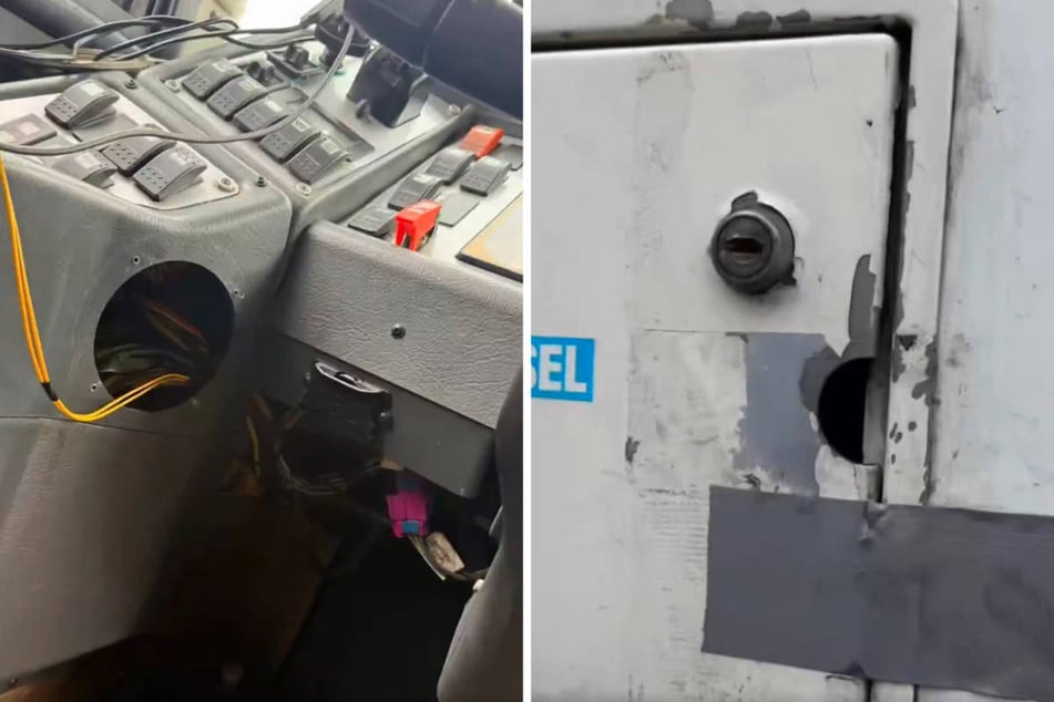 Im Innenraum liegen Kabel offen, weil Teile der Verkleidung fehlen (l.) und der Tankdeckel ist nur notdürftig mit Gaffer-Tape zugeklebt worden.