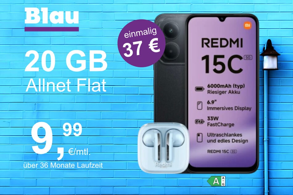Das Xiaomi Redmi 15C + Buds 6 Active im Blau Allnet M für einmalig 37 Euro.