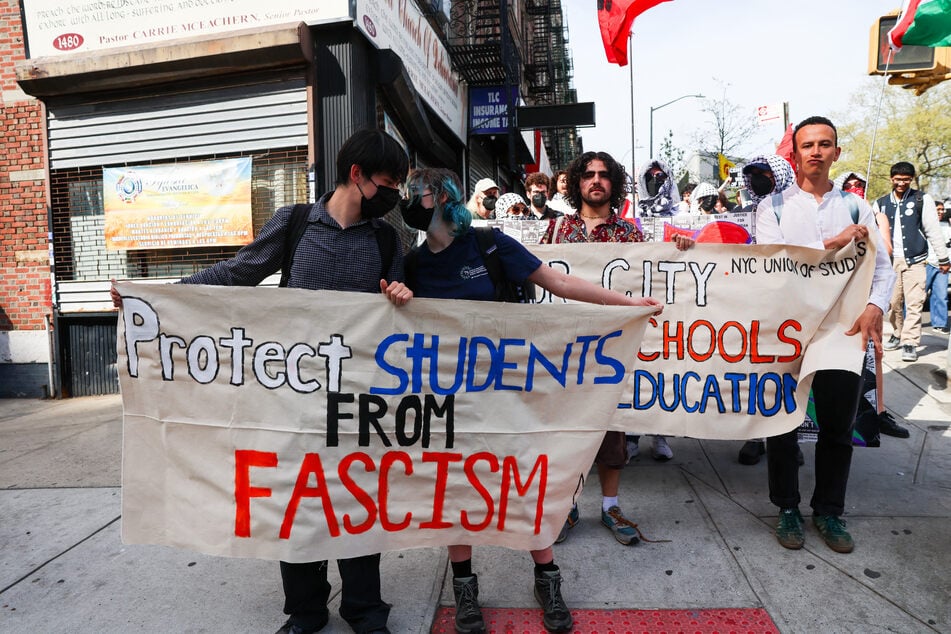 Demonstrators participate in a march and rally from City College to Columbia University in support of Palestinian human rights and student protesters on April 25, 2025, in New York City.