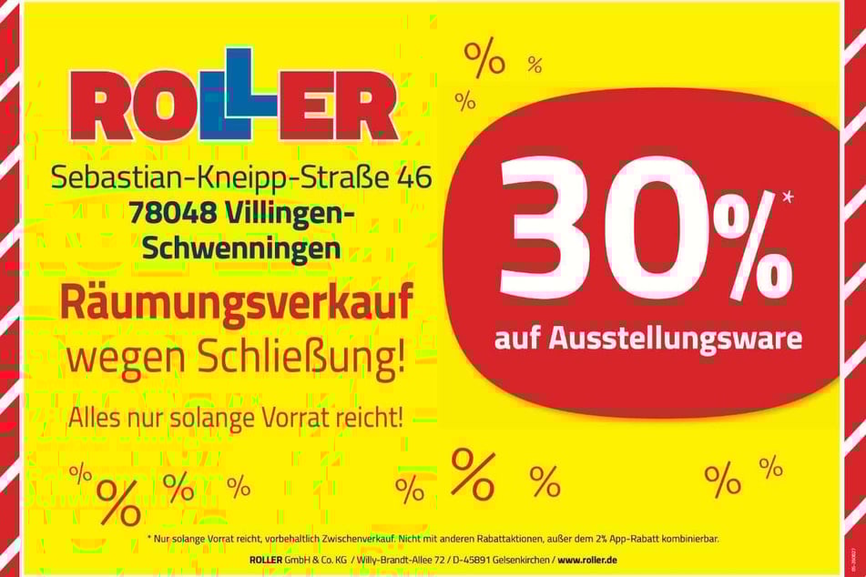 Während des Räumungsverkaufs bei ROLLER in Villingen-Schwenningen gibt's jetzt 30 Prozent Nachlass beim Möbelkauf.¹