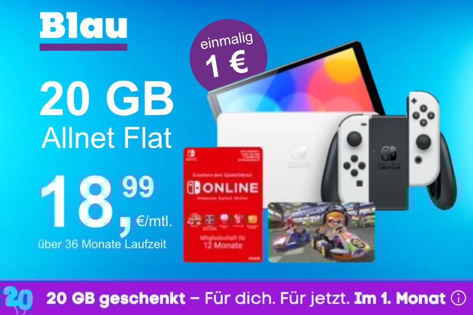 Die Nintendo Switch OLED + Mario Kart 8 im Blau Allnet M inkl. 20 GB für einmalig nur 1 Euro.