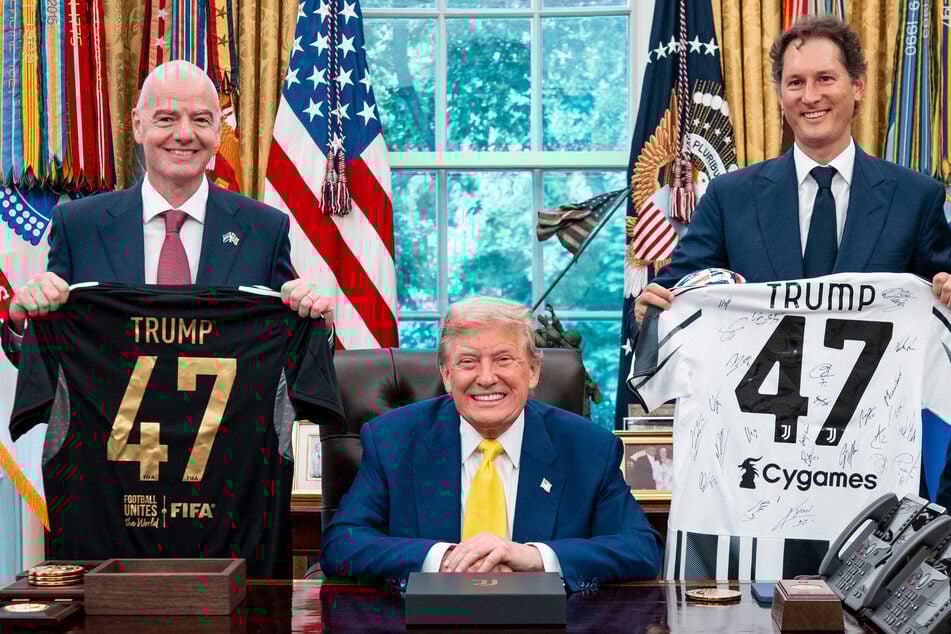 President Trump (c.) sparked backlash when he delivered a diatribe on transgender people in sports while hosting Italian side Juventus in the Oval Office in June.