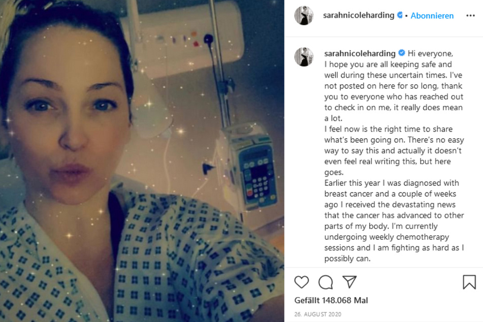 Mit diesem Instagram-Eintrag machte Sarah Harding ihre Krebserkrankung im August 2020 öffentlich.