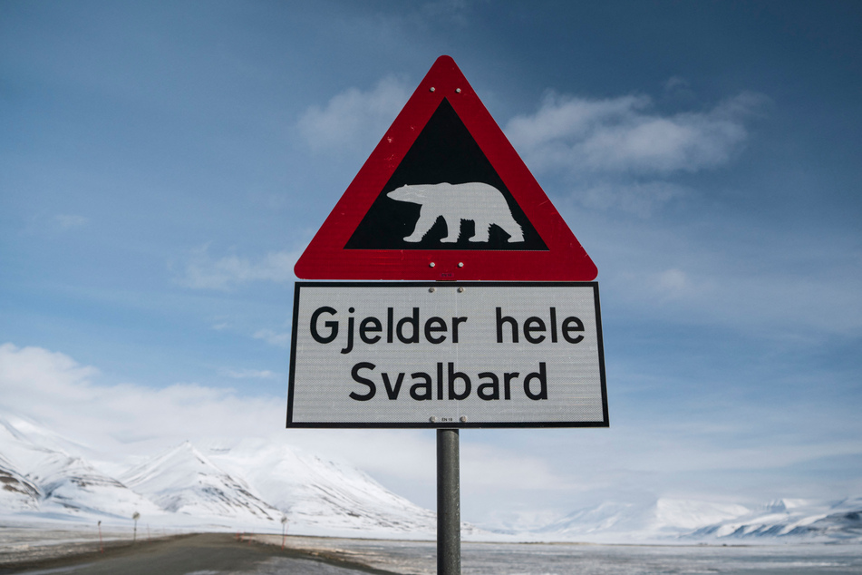 Ein Schild auf Spitzbergen warnt vor Eisbären.