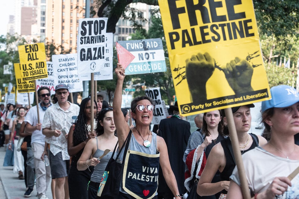 People participate in a protest in support of Palestine outside the United Nations in New York City on July 29, 2025.