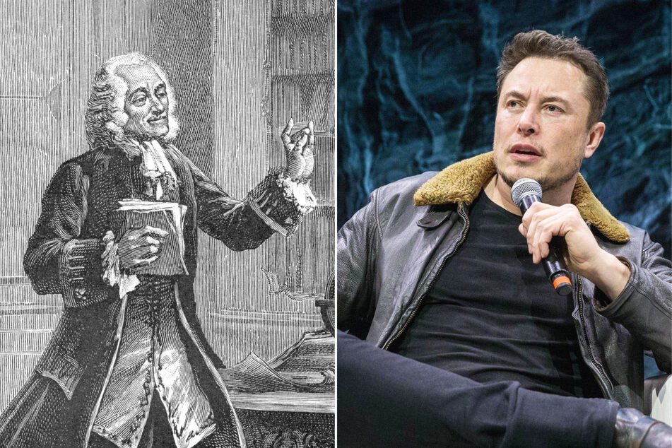 Elon Musk (r.) recently tweeted a meme featuring a quote wrongfully attributed to Voltaire (l.), and Twitter users quickly pointed out it came from a neo-Nazi.