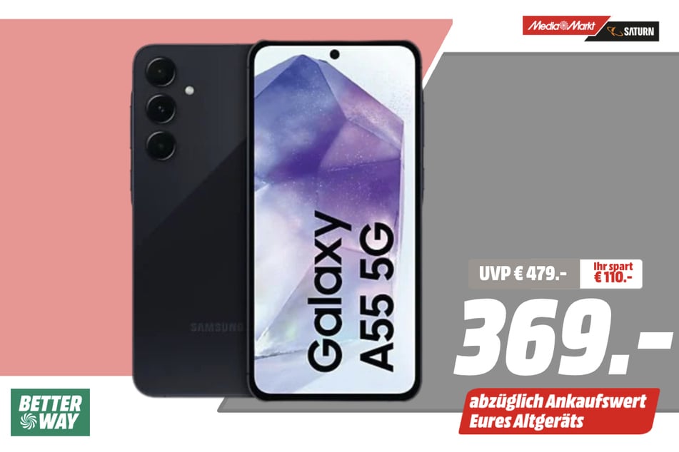 Samsung Galaxy A55 für 369 statt 479 Euro - abzüglich Ankaufswert Altgerät.