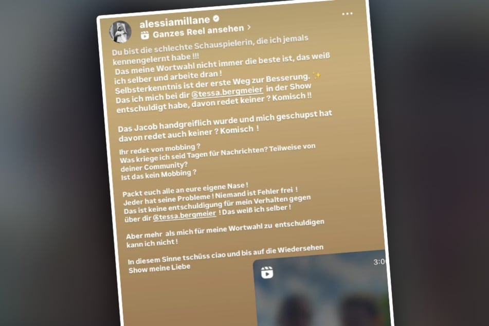 In ihrer Instagram-Story beschuldigte Alessia (22) Tessas Freund Jakob, der 39-Jährige sei während der Show handgreiflich geworden.