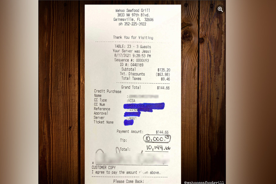 A diner at a Florida restaurant showed his immense appreciation for the staff with a $10,000 tip.