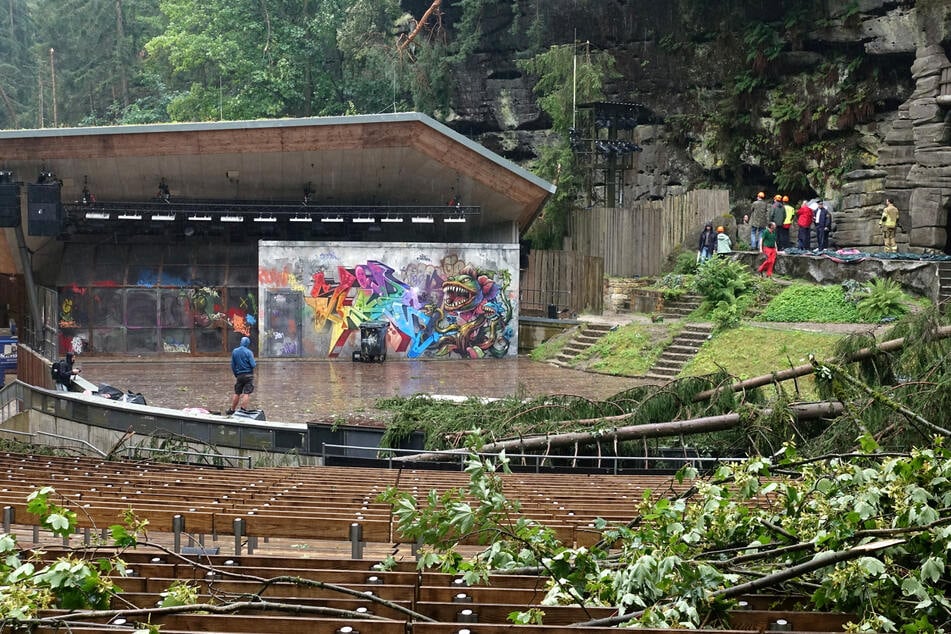 Mehrere Bäume stürzten am Freitag in das Areal der Felsenbühne.