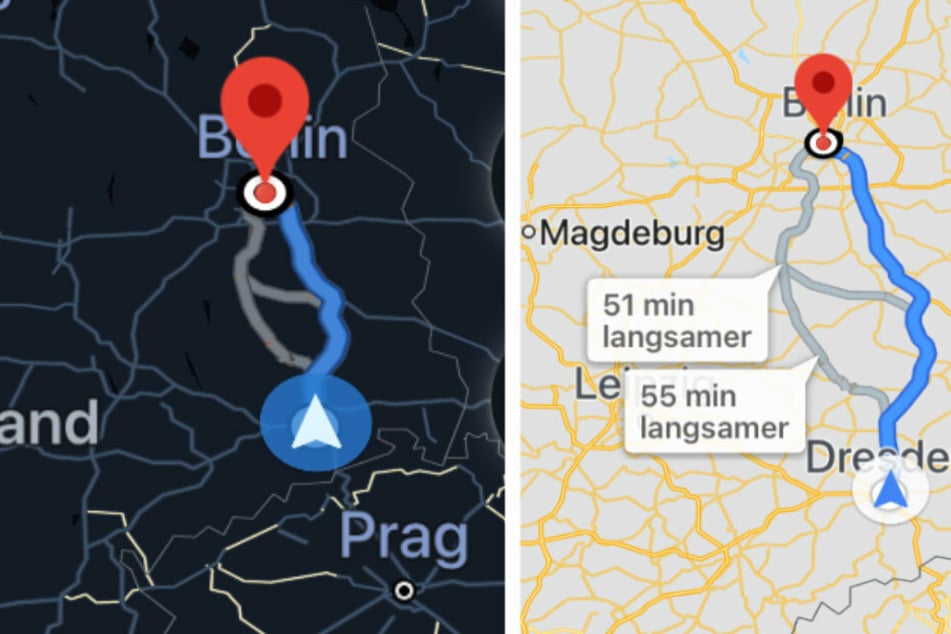Der Nachtmodus, auch als Dark-Modus bekannt im Vergleich zu dem Tagmodus (r.).