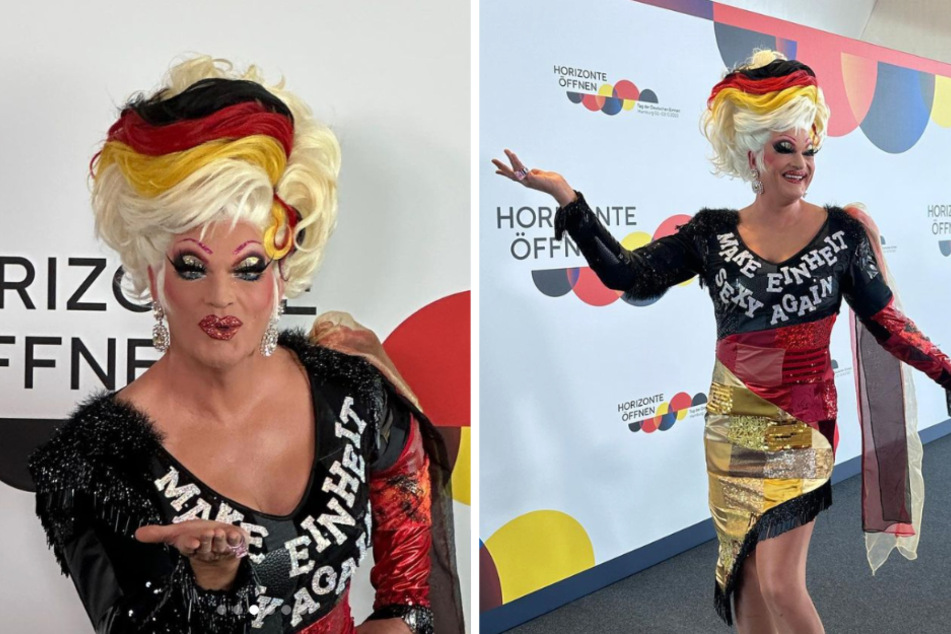 Dragqueen Olivia Jones (53) zeigte sich am Tag der Deutschen Einheit in einem schwarz-rot-goldenen Outfit mit dem Schriftzug: "Make Einheit sexy again!"
