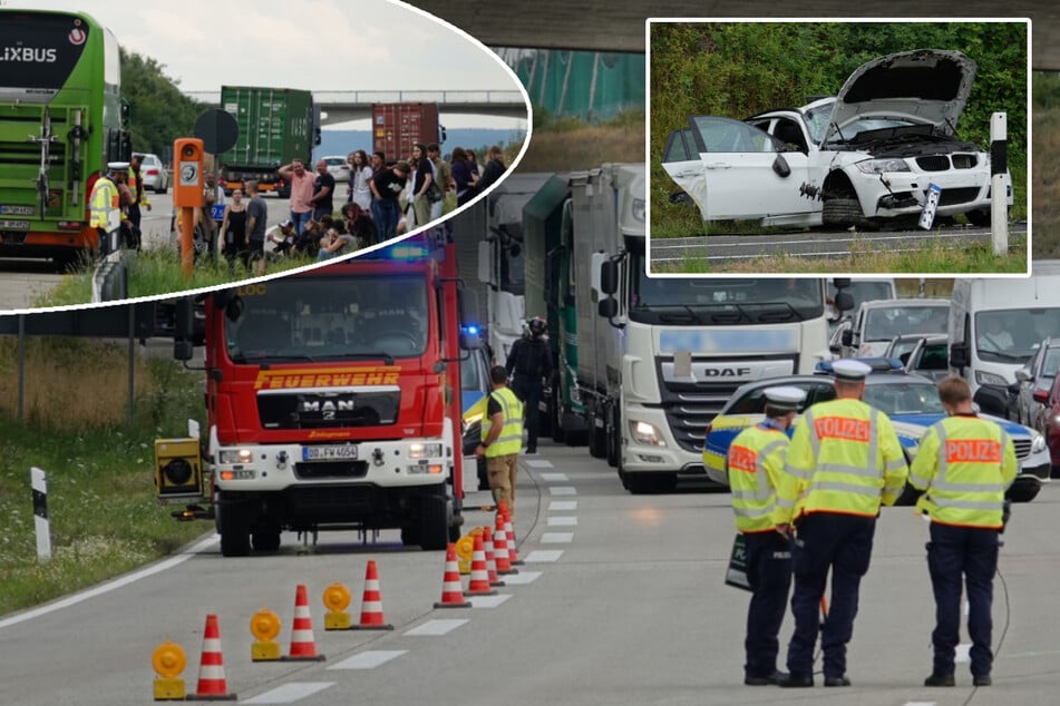 Übler Verkehrsunfall auf der A17: Flixbus übersieht BMW - Auto überschlägt sich
