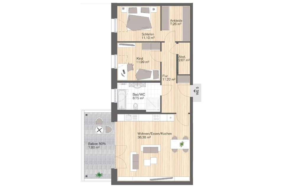 Wohneinheit 5: 3-Raum-Wohnung mit Balkon, 97 m² Wohnfläche