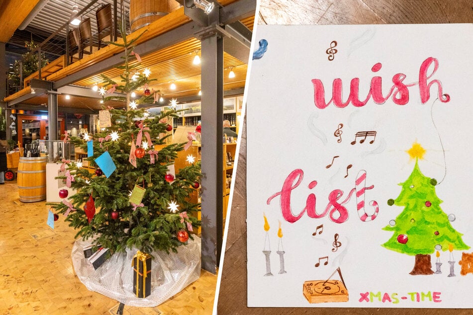 Die Wünsche im Gutsmarkt von Schloss Wackerbarth sind auf Karten notiert, die an einem Baum hängen.