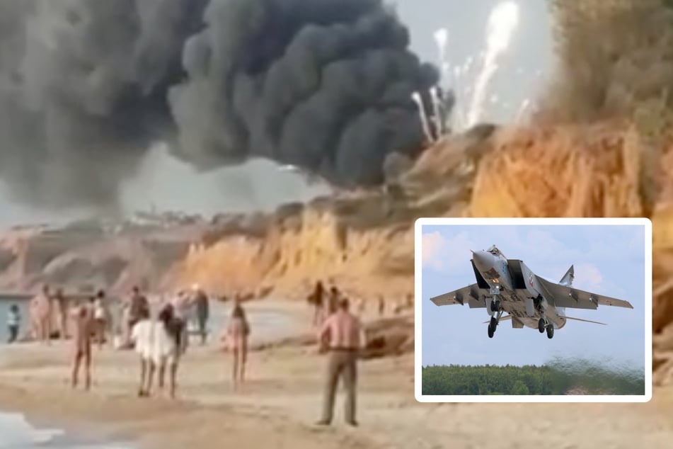 Mehrere Explosionen und dichter Rauch: Russischer Kampfjet geht in Flammen auf