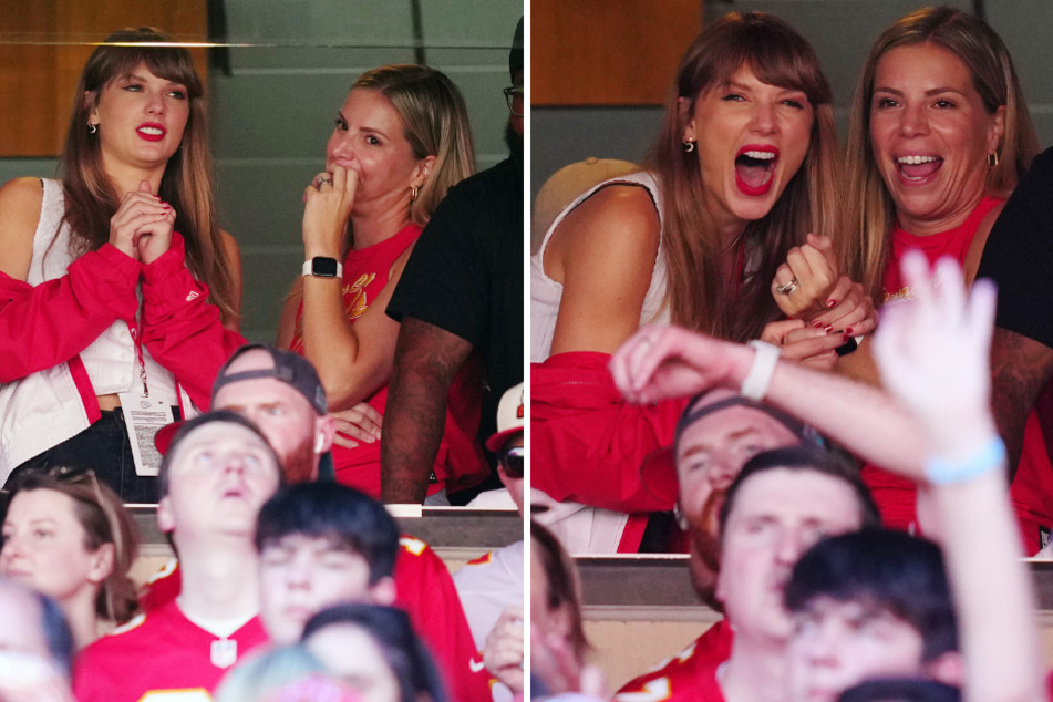 Taylor Swift (l.) was seen at the Kansas City Chiefs game on Sunday in the box of rumored boo Travis Kelce who played against the Chicago Bears.