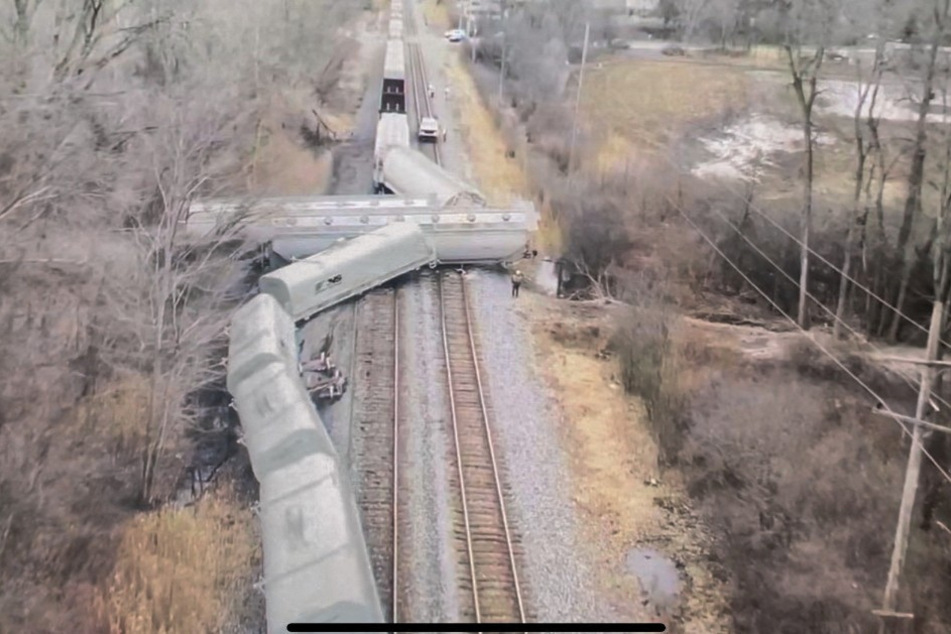 A derailed train is seen in Van Buren Charter Township, Michigan, on February 16, 2023.