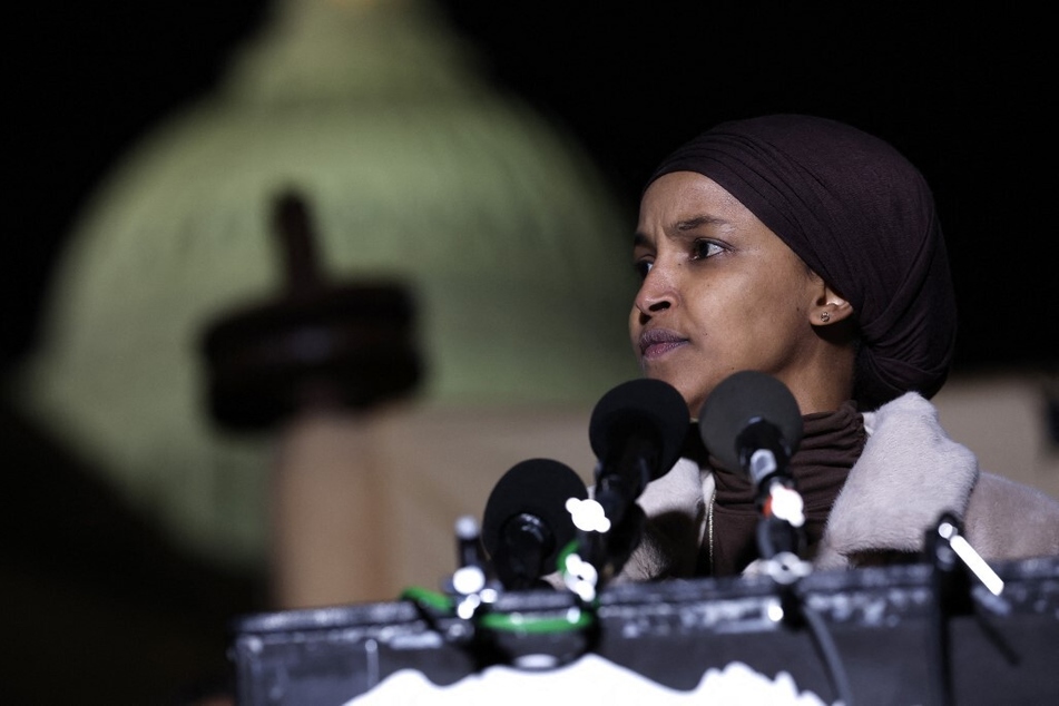 Congresswoman Ilhan Omar calls for a ceasefire in the Israeli siege of Gaza outside the US Capitol in Washington DC.