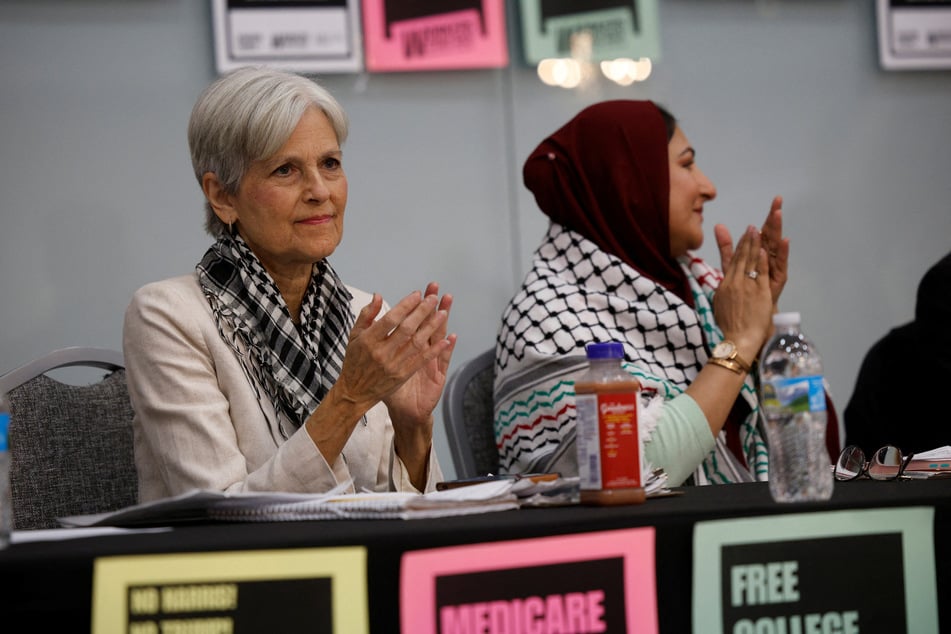 Dr. Jill Stein (l.) attends a rally in Dearborn, Michigan, calling for an end to Israel's genocide in Gaza and major investments in the American people.