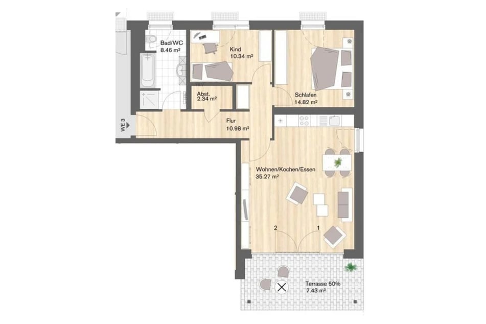 Wohneinheit 3: 3-Raum-Wohnung mit ca. 90 m² Wohnfläche