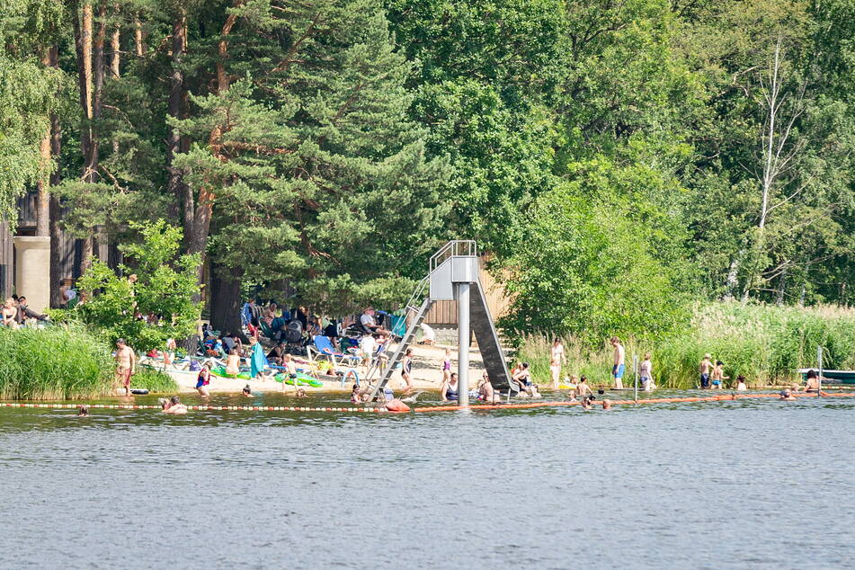 Der Strand am Teich ist besonders beliebt bei Familien. Die Kinder können dort im Sand buddeln oder im abgegrenzten Nichtschwimmerbereich planschen.