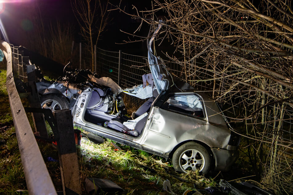 Der Wagen landete nach dem Zusammenprall mit dem Baum in der Straßenböschung.