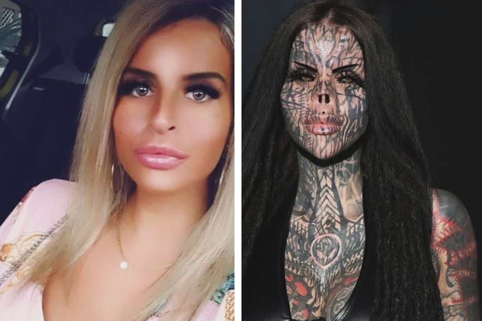 Toxii Daniëlle (35) aus den Niederlanden im Jahr 2019 und heute - ohne Nase, dafür aber mit unzähligen Tattoos, Implantaten und Piercings.
