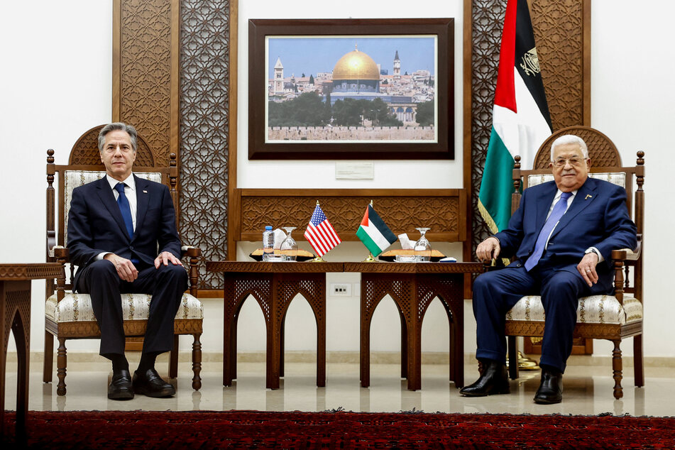 US Secretary of State Antony Blinken meets with Palestinian President Mahmoud Abbas in Ramallah in the Israeli-occupied West Bank on January 10, 2024.