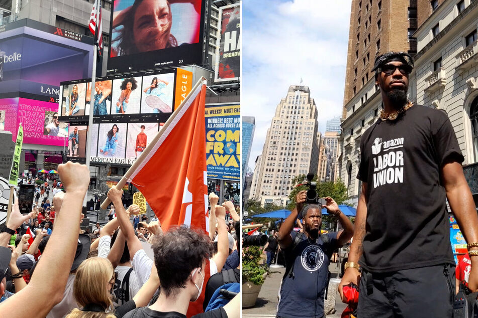 Amazon Labor Union president Chris Smalls (r.) led the Labor Day march to Times Square.