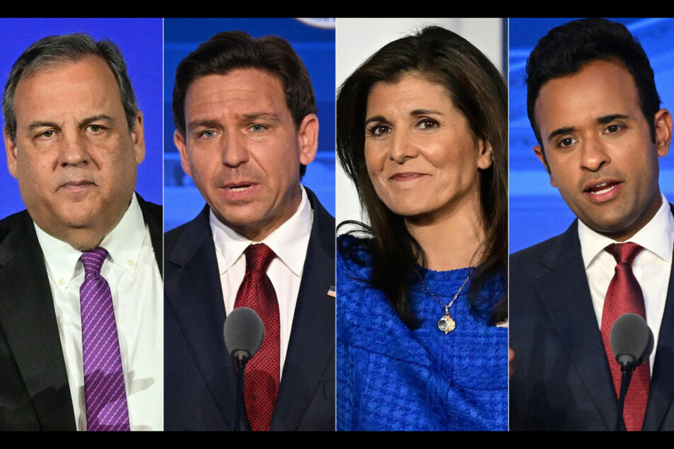 From l. to r.: Republican presidential candidates Chris Christie, Ron DeSantis, Nikki Haley, and Vivek Ramaswamy are lined up to participate in the fourth GOP primary debate.