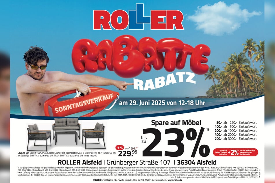 Zum verkaufsoffenen Sonntag (29.6.) bei ROLLER in Alsfeld gibt's Lounge-Sets 67 Prozent günstiger.