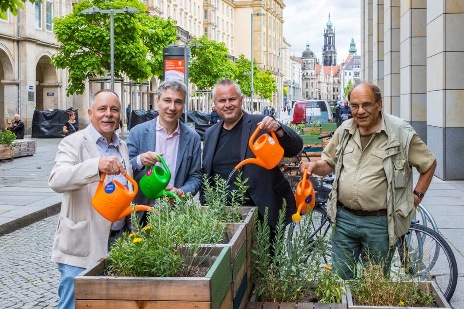 Stadtbezirksamtsleiter André Barth (58, v.l.), Baubürgermeister Stephan Kühn (45, Grüne), Sachsens DEHOGA-Präsident Jens Dzurny (47) und Projektleiter Rainer Pietrusky (75) weihen die "Lebendige Seestraße" ein.