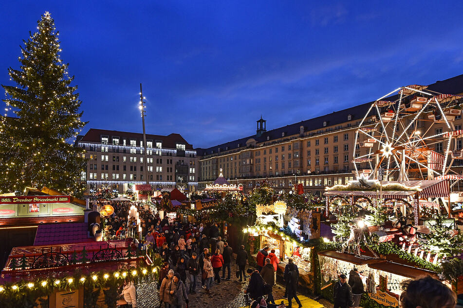 Der Weihnachtsbaum prägt das Bild vieler Weihnachtsmärkte, wie hier beim Dresdner Striezelmarkt gut zu erkennen ist.