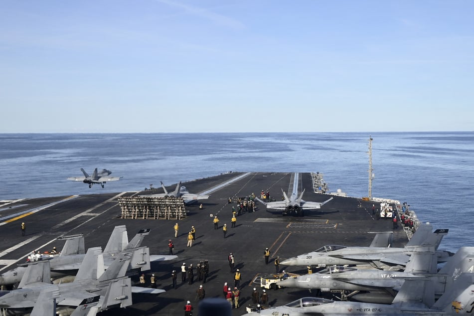 An F-18E fighter jet takes off from aircraft carrier USS Gerald R. Ford as it sails during NATO Neptune Strike 2025 exercise on September 24, 2025 in the North Sea.