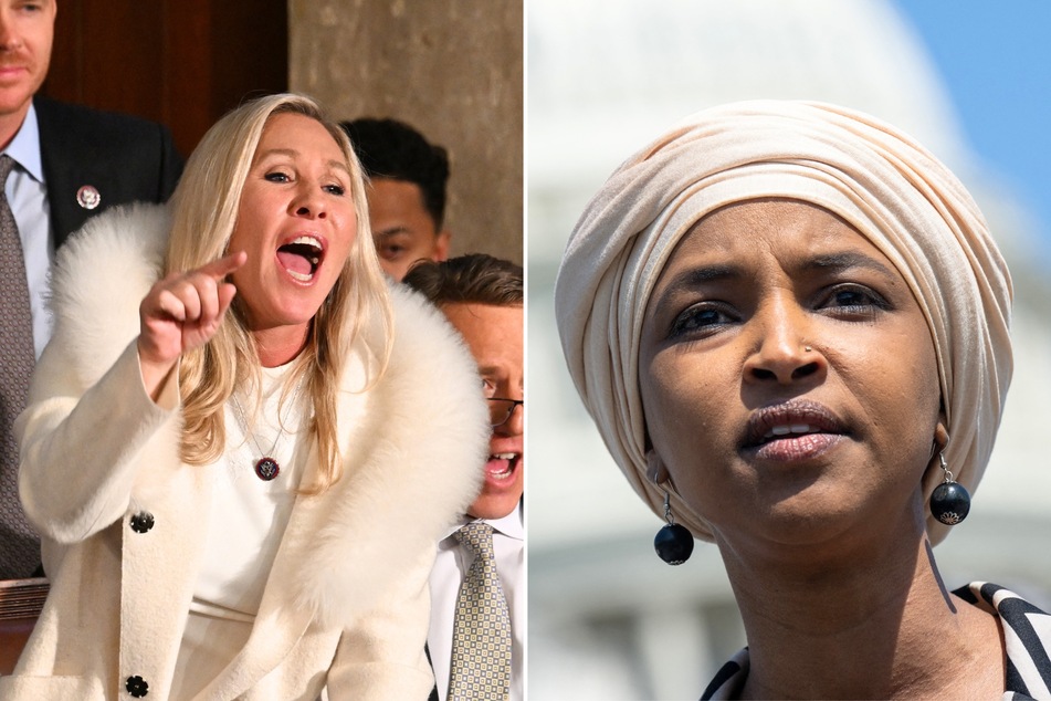 Representative Marjorie Taylor Greene (l.) is leading an effort to censure her colleague Rep Ilhan Omar over remarks she made in a video that were mistranslated.