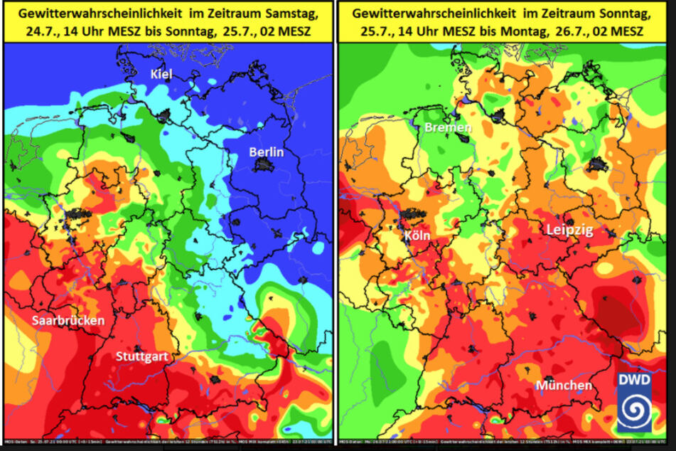 Die Karte des Deutschen Wetterdienstes (DWD zeigt die Wahrscheinlichkeit für Gewitter am Wochenende.