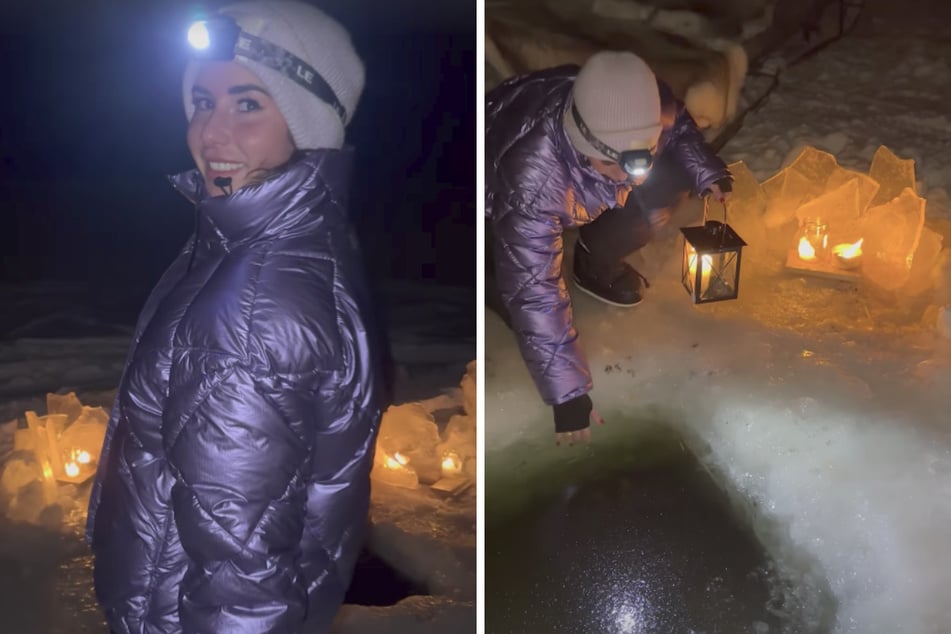 Sarah Engels (30) inspiziert das für sie präparierte Eisloch in der finnischen Einöde.