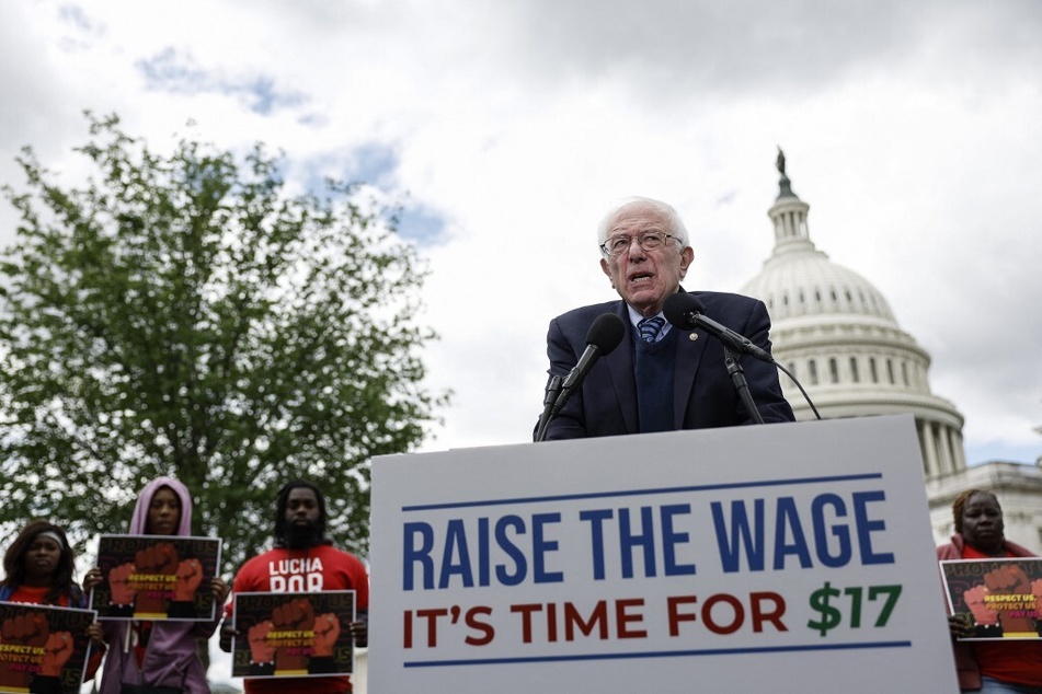 Senator Bernie Sanders speaks on Capitol Hill after introducing a bill to raise the federal minimum wage to $17 an hour.