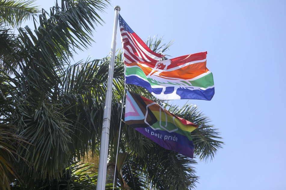 The Pride flag flying at the city hall in St. Petersburg, Florida.