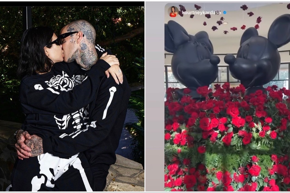 Travis Barker gifted his fiancée Kourtney Kardashian two large statutes of Mickey and Minnie Mouse surrounded by an assortment of roses for Valentine's Day.