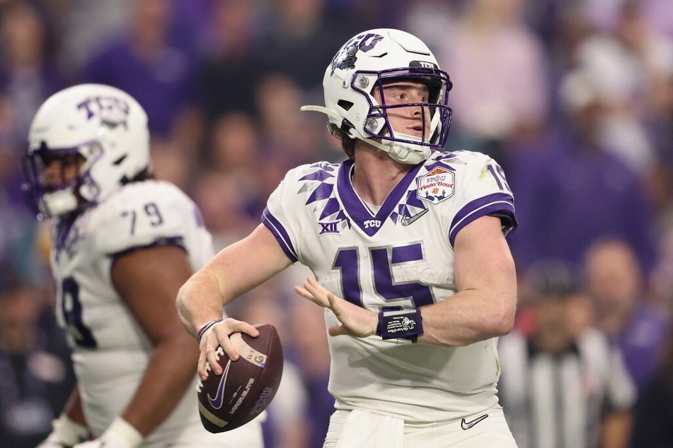 Max Duggan (c) will lead his TCU team against the Georgia Bulldogs on Monday in the CFP National Championships.